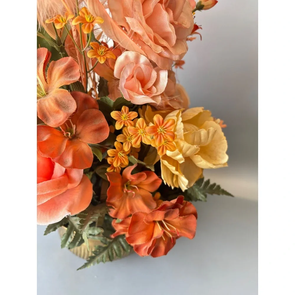 Vtg Silk Floral Arrangement Peach Feathers Roses Brass Bowl‎ Made in India 15